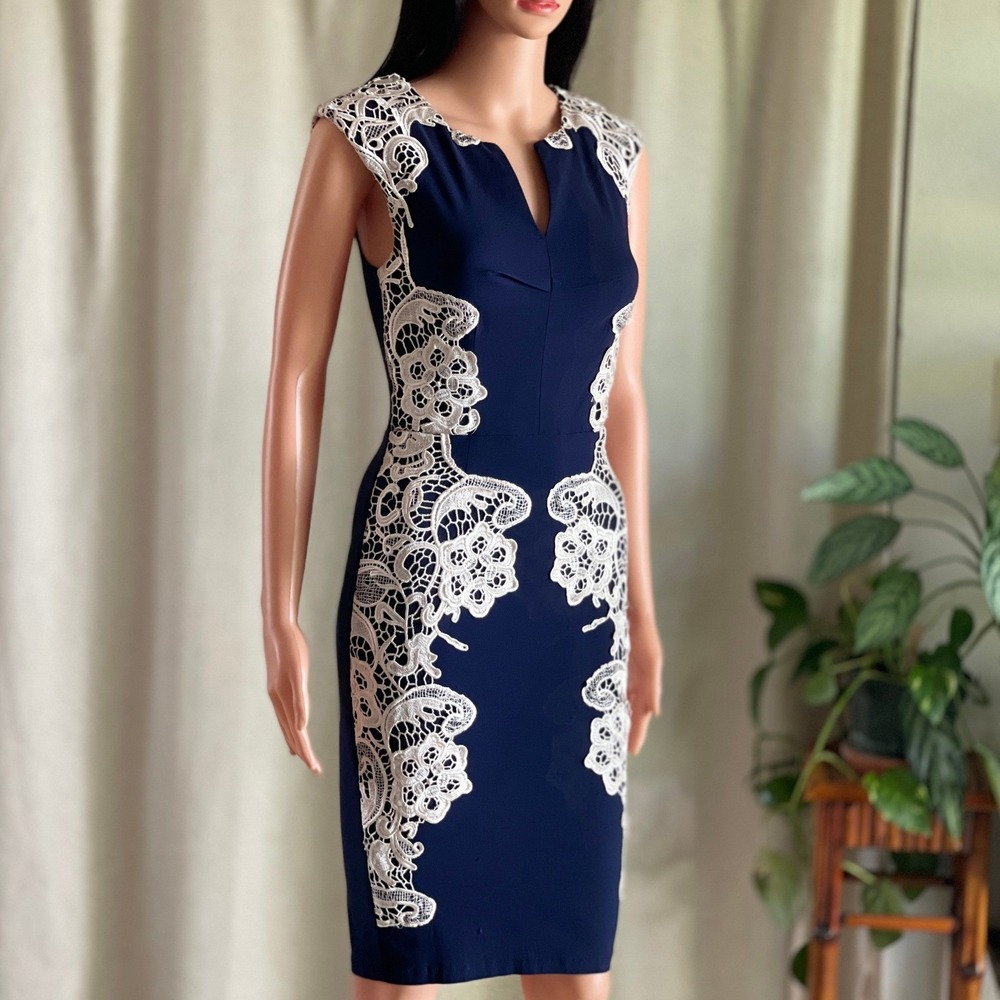 London Dress Co Navy Blue White Lace Applique Sheath Dress Old Money US Size 4